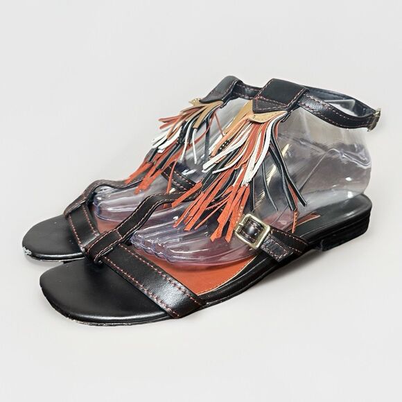 *RARE* Brian Atwood Fabia Flats Colorful Fringe Strappy Aztec Sandals Women 9.5 - Picture 1 of 11
